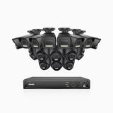 H500P - 3K 16 Channel PoE Security System with 8 Bullet & 8 Turret Cameras, Color & IR Night Vision, 3072*1728 Resolution, f/1.6 Aperture (0.005 Lux), Human & Vehicle Detection, Built-in Microphone,IP67