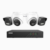 H500P - 3K 8 Channel PoE Security System with 2 Bullet & 2 Turret Cameras, Color & IR Night Vision, 3072*1728 Resolution, f/1.6 Aperture (0.005 Lux), Human & Vehicle Detection, Built-in Microphone,IP67