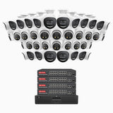 H800X - 4K 64 Channel PoE Security System with 20 Bullet & 20 Turret Cameras, 1/1.8'' BSI Sensor, f/1.6 Aperture (0.003 Lux), Siren & Strobe Alarm,Two-Way Audio, Human & Vehicle Detection, Perimeter Protection, Works with Alexa