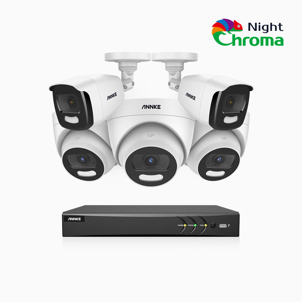 NightChroma<sup>TM</sup> NCK500 - 3K 8 Channel PoE Security System with 2 Bullet & 3 Turret Cameras, Acme Color Night Vision, f/1.0 Super Aperture, Active Alignment, Built-in Microphone, IP67