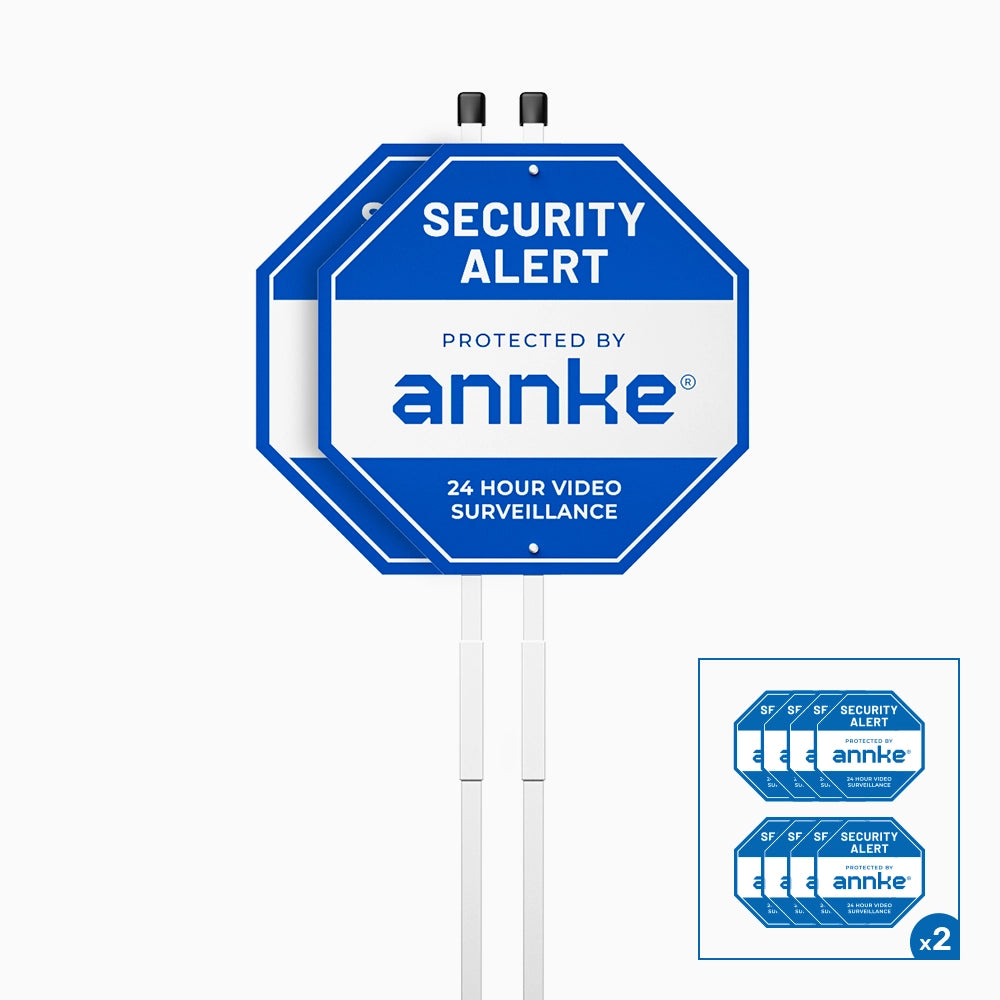 2PCS ANNKE 10" Heavy Duty 100% Aluminum Security Sign, with Ground Stake & 16 Window Stickers, Reflective & Fade Resistant Outdoor Surveillance Warning Sign for Home, Yard, Property Protection