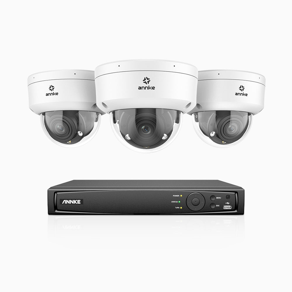 AZH800 - 4K 4 Channel 3 Cameras PoE Security System, 4X Optical Zoom, 2.8 - 12 MM Motorized Varifocal Lens, Smart Dual Light Night Vision, Motion Detection 2.0, Built-in Microphone, Siren & Strobe Alarm, Upgraded Version