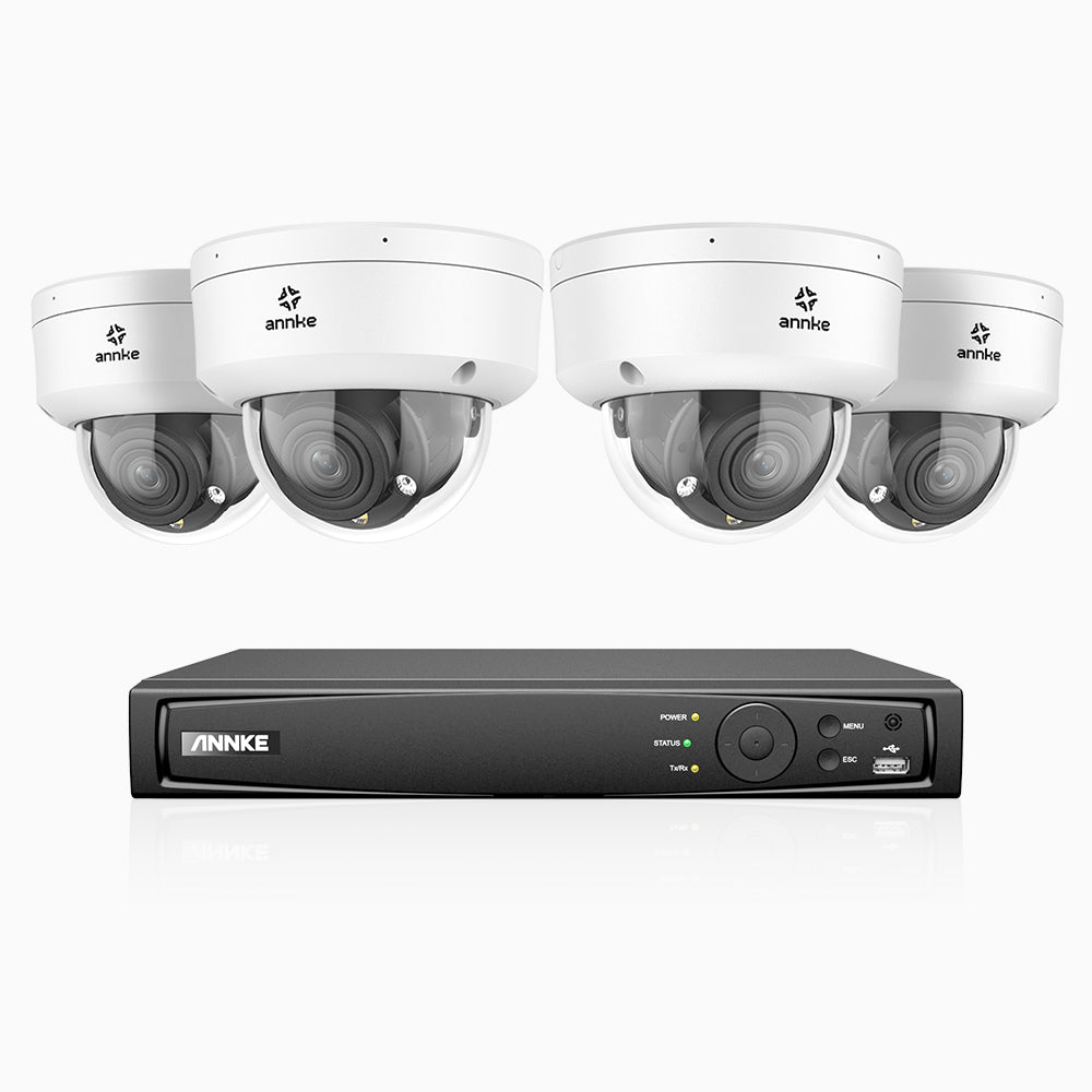 AZH800 - 4K 4 Channel 4 Cameras PoE Security System, 4X Optical Zoom, 2.8 - 12 MM Motorized Varifocal Lens, Smart Dual Light Night Vision, Motion Detection 2.0, Built-in Microphone, Siren & Strobe Alarm, Upgraded Version