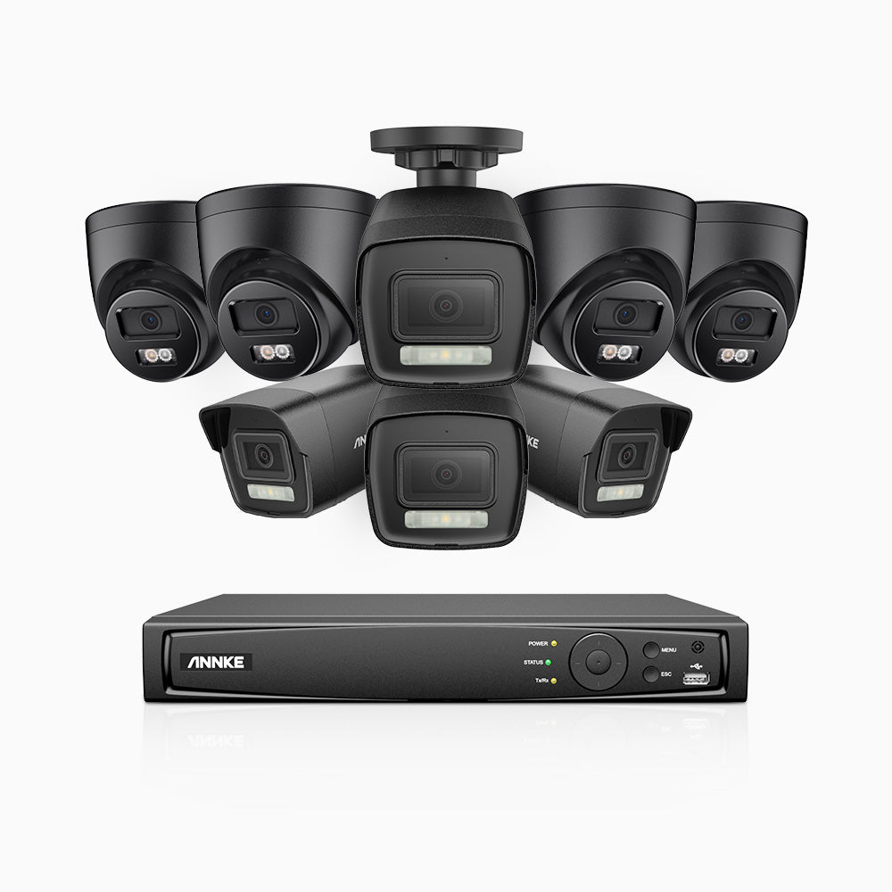 AH500 - 3K 16 Channel PoE Security System with 4 Bullet & 4 Turret Cameras, Color & IR Night Vision, 3072*1728 Resolution, f/1.6 Aperture (0.005 Lux), Human & Vehicle Detection, Built-in Microphone,IP67