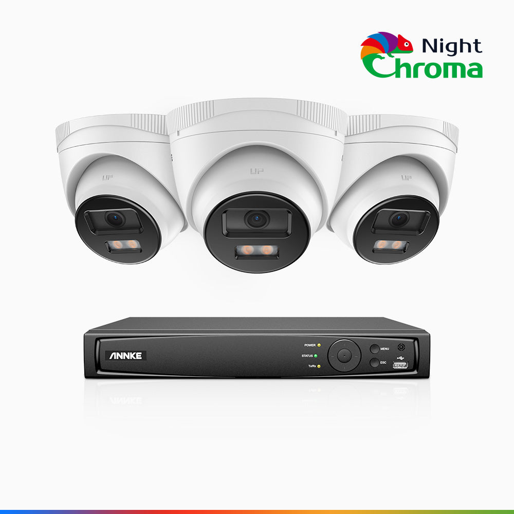 NightChroma<sup>TM</sup> NCK500 - 3K 8 Channel 3 Cameras PoE Security System, Acme Color Night Vision, f/1.0 Super Aperture, Active Alignment, Built-in Microphone, IP67
