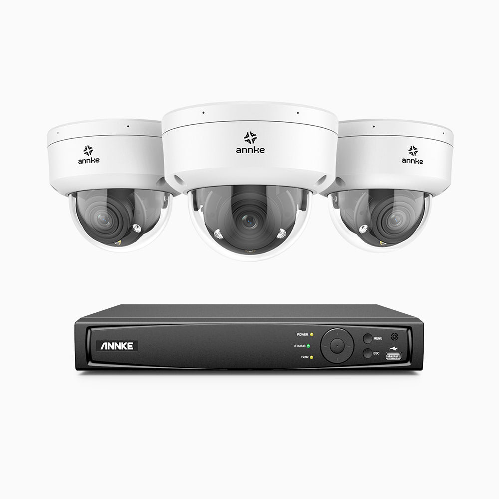 AZH800 - 4K 8 Channel 3 Cameras PoE Security System, 4X Optical Zoom, 2.8 - 12 MM Motorized Varifocal Lens, Smart Dual Light Night Vision, Motion Detection 2.0, Built-in Microphone, Siren & Strobe Alarm, Upgraded Version