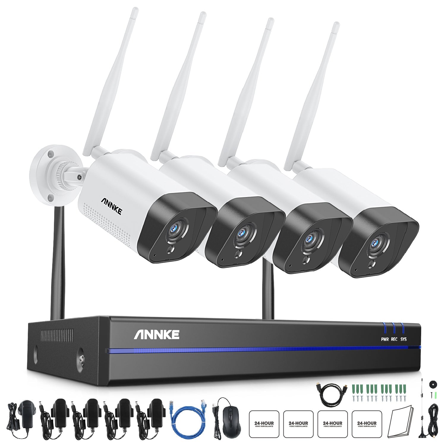 WS300 – 2K Super HD 8 Channel 4 Cameras WiFi NVR Security System, Built-in Mic, Human Recognition, Works with Alexa