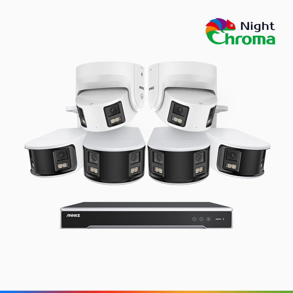 NightChroma<sup>TM</sup> NDK800 – 4K 8 Channel Panoramic Dual Lens PoE Security System with 4 Bullet & 2 Turret Cameras, f/1.0 Super Aperture, Acme Color Night Vision, Active Siren and Strobe, Human & Vehicle Detection, Built-in Mic ,Two-Way Audio