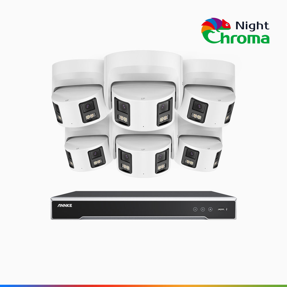 NightChroma<sup>TM</sup> NDK800 – 4K 8 Channel 6 Panoramic Dual Lens Camera PoE Security System, f/1.0 Super Aperture, Acme Color Night Vision, Active Siren and Strobe, Human & Vehicle Detection, 2CH 4K Decoding Capability, Built-in Mic ,Two-Way Audio