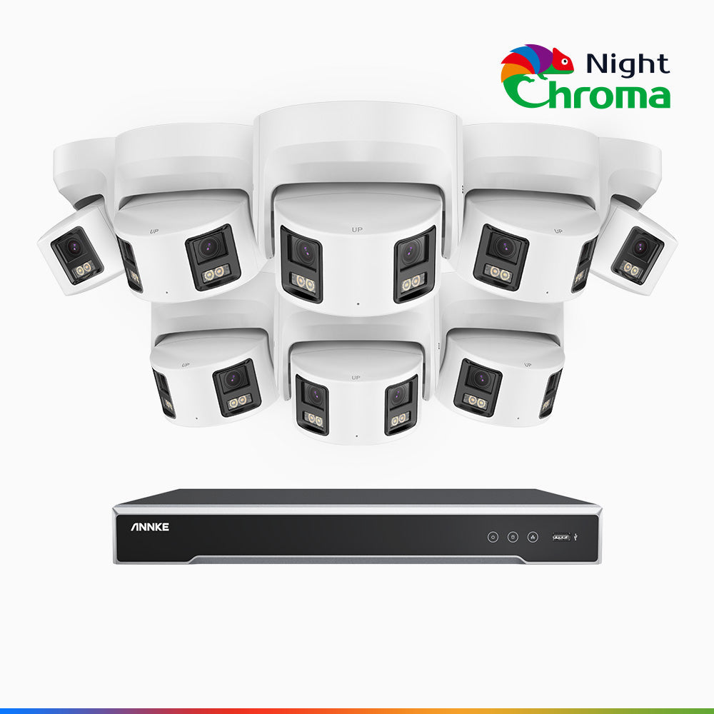 NightChroma<sup>TM</sup> NDK800 – 4K 8 Channel 8 Panoramic Dual Lens Camera PoE Security System, f/1.0 Super Aperture, Acme Color Night Vision, Active Siren and Strobe, Human & Vehicle Detection, 2CH 4K Decoding Capability, Built-in Mic ,Two-Way Audio