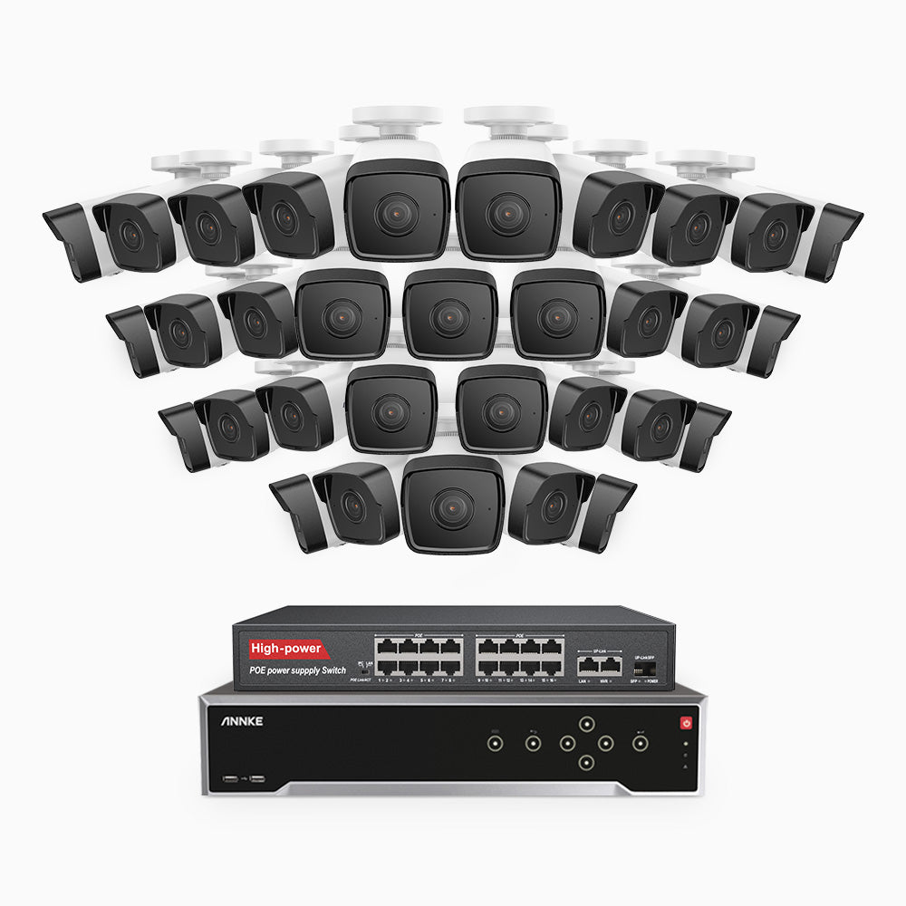 H500 - 3K 32 Channel 32 Cameras PoE Security System, EXIR 2.0 Night Vision, Built-in Mic & SD Card Slot, Works with Alexa, 16-Port PoE Switch Included ,IP67 Waterproof, RTSP Supported