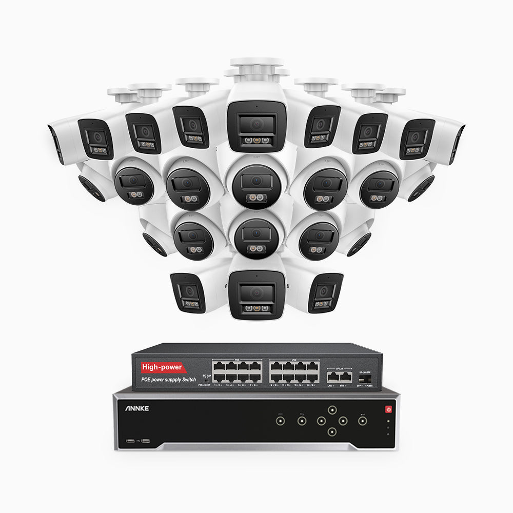 H800 - 4K 32 Channel PoE Security System with 12 Bullet & 12 Turret Cameras, Human & Vehicle Detection, Color & IR Night Vision, Built-in Mic, RTSP Supported, 16-Port PoE Switch Included
