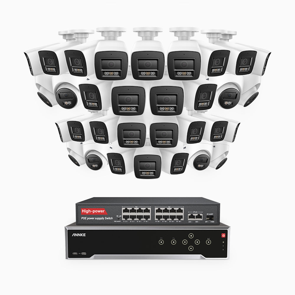 H800 - 4K 32 Channel PoE Security System with 24 Bullet & 8 Turret Cameras, Human & Vehicle Detection, Color & IR Night Vision, Built-in Mic, RTSP Supported, 16-Port PoE Switch Included