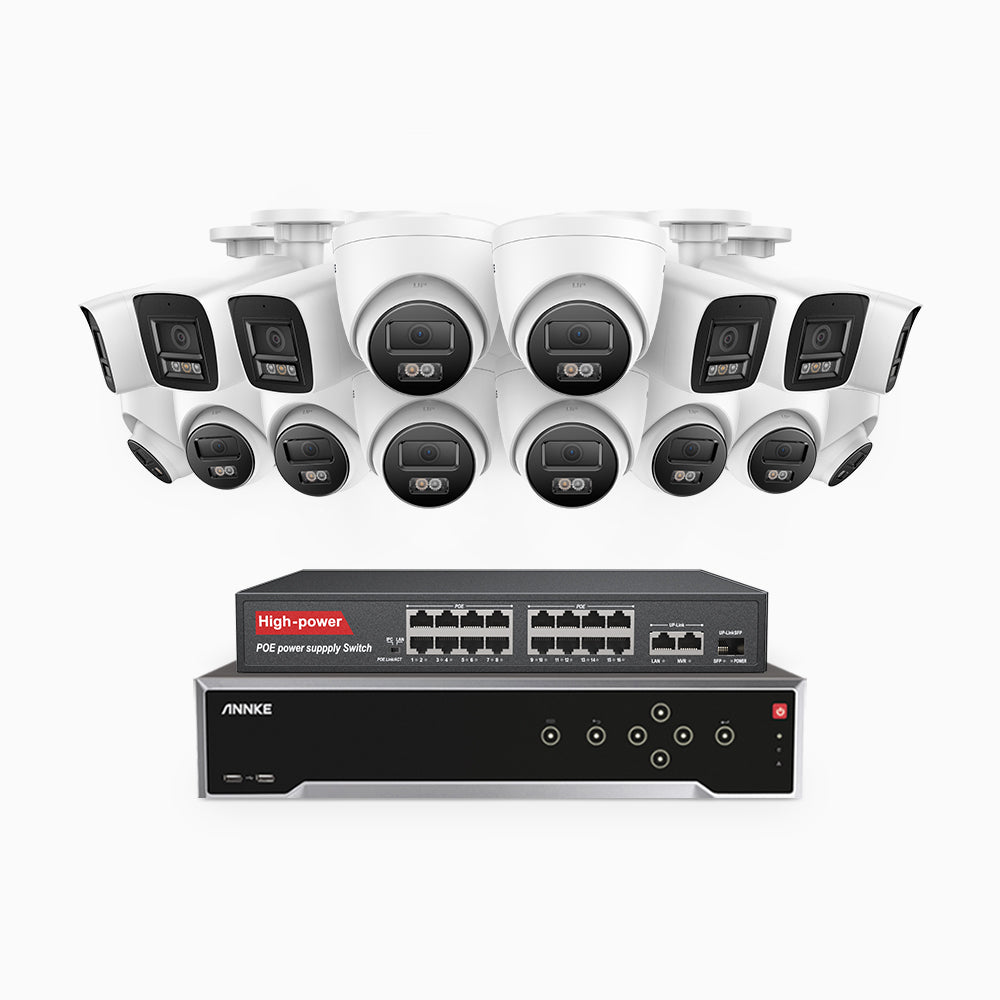 H800 - 4K 32 Channel PoE Security System with 6 Bullet & 10 Turret Cameras, Human & Vehicle Detection, Color & IR Night Vision, Built-in Mic, RTSP Supported, 16-Port PoE Switch Included